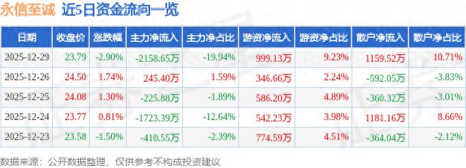 2025 年 12 月 29 日永信至诚股价、资金流向及财务数据详情